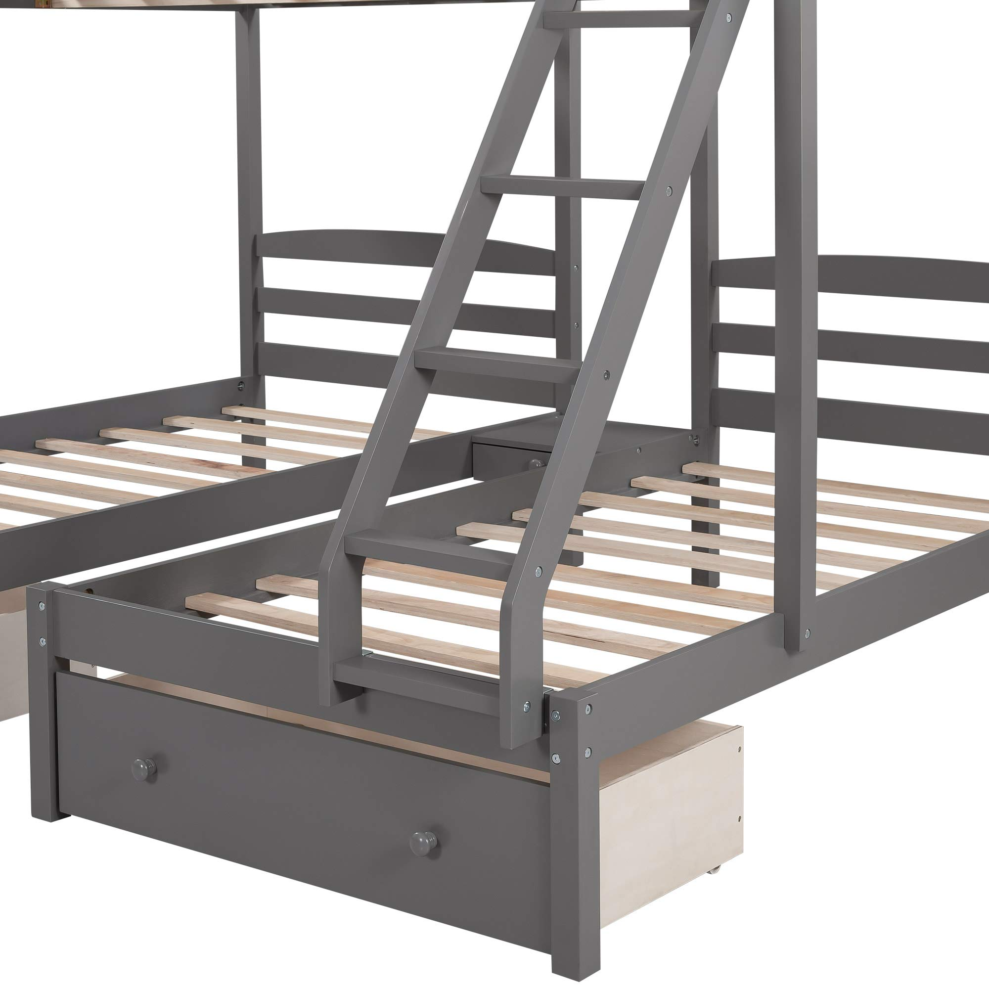 【Furniture】Triple Bunk Bed Full Over 2 Twin Bunk Bed with 3 Drawers & Guardrails, Bunk Bed for Family, Teens