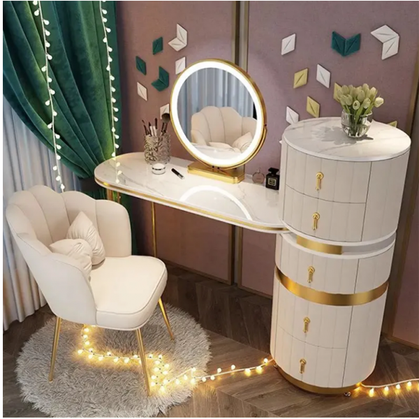 【Furniture】Dressing Table Set with Round Mirror 2 Large Drawers with Round Sliding Rails Padded Stool
