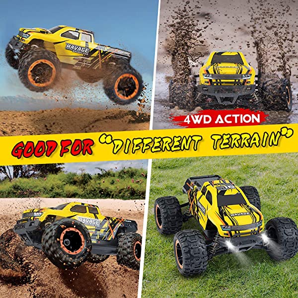 NUOKE Brushless RC Cars 1:16 Scale RTR 60km/h Remote Control Truck High Speed 4WD 2.4Ghz Waterproof Monster Truck with 2 Rechargeable Batteries Offroad Gift for Boys Car for Kids and Adults 1-yellow