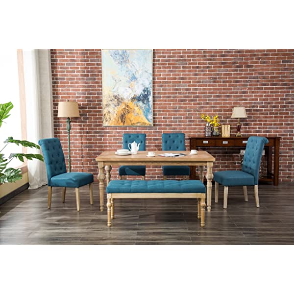 Roundhill Furniture Habitanian 6-Piece White Wash Dining Set with Tufted Chairs and Bench, Beige