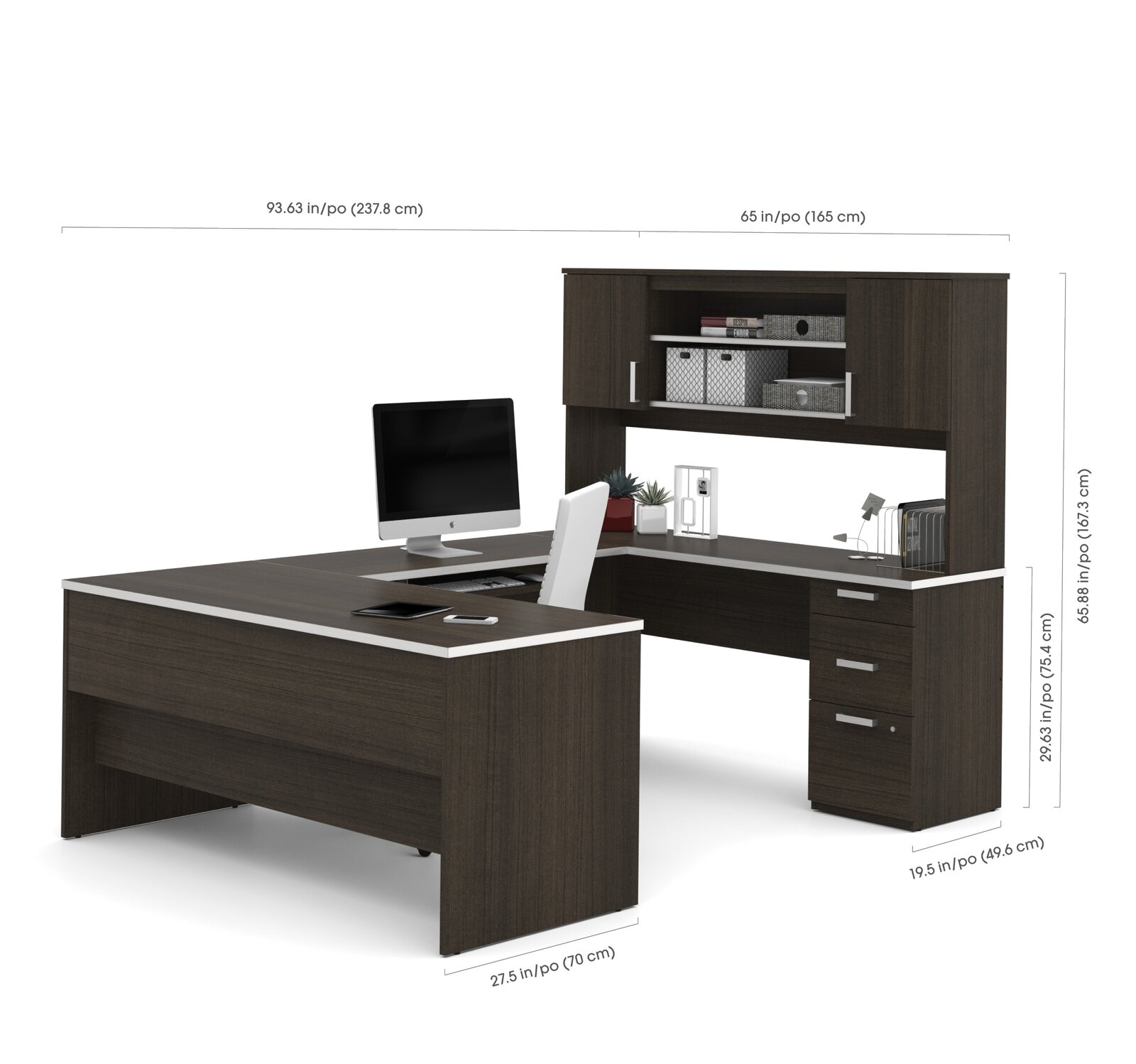 【Furniture】Chanice 4 Piece U-Shape Computer Desk Office Set with Hutch