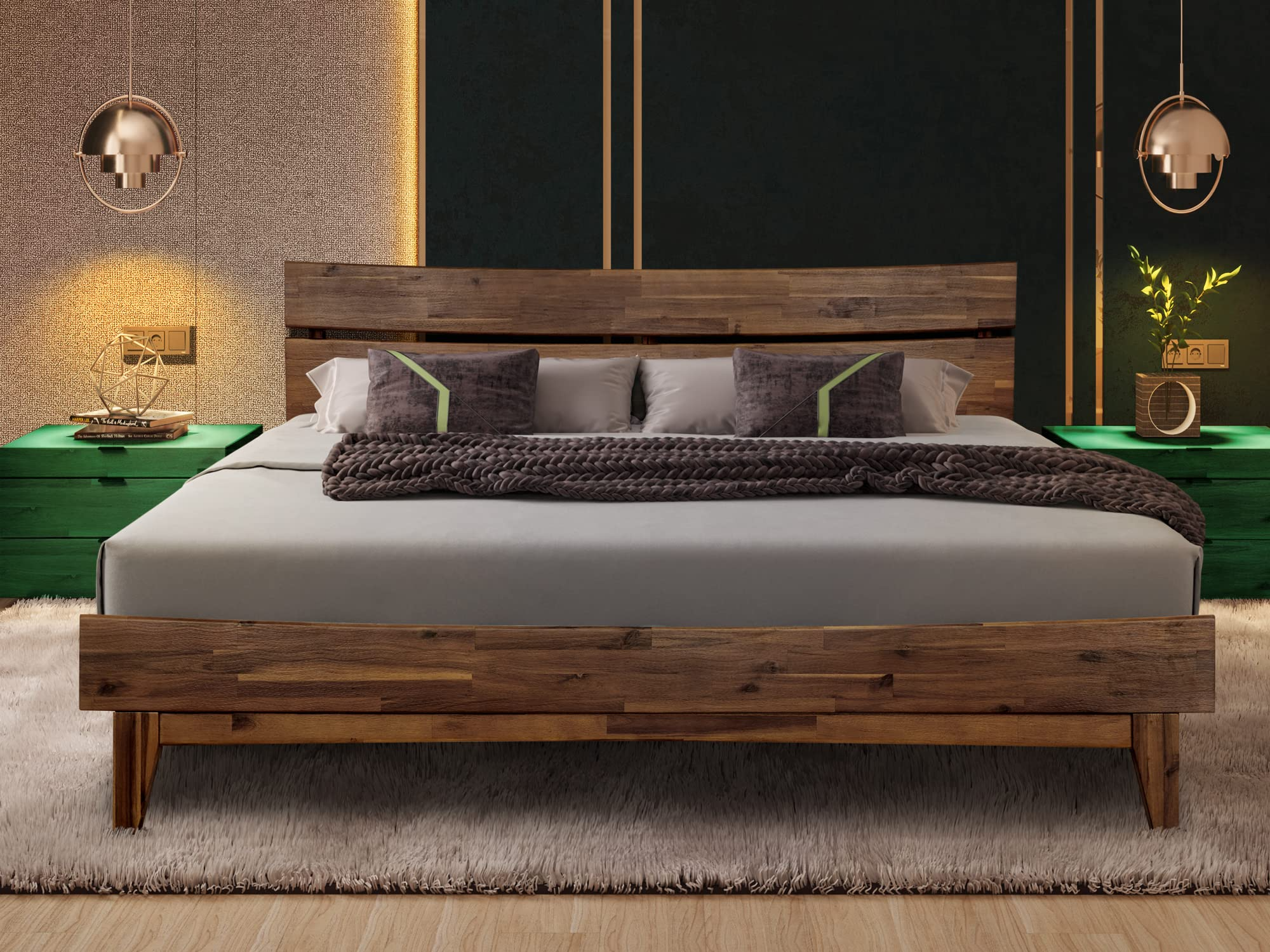 【Furniture】Acacia Aurora 14 Inch Wood Platform Bed, Bed Frame with Headboard, King Size