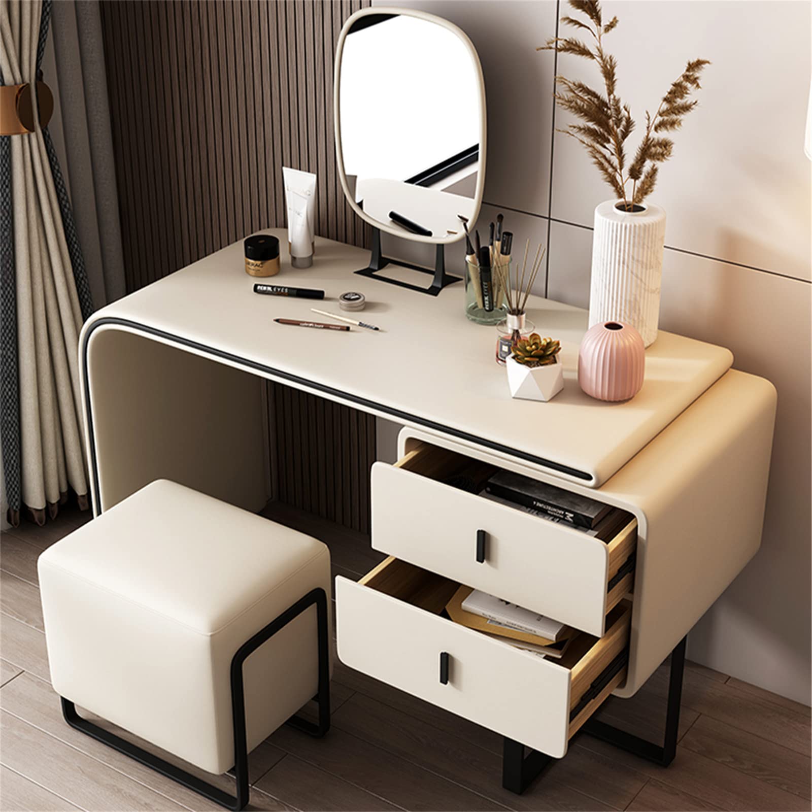 【Furniture】Modern Extendable Makeup Vanity Table with PU Leather, 2 Wood Drawers, Side Cabinet