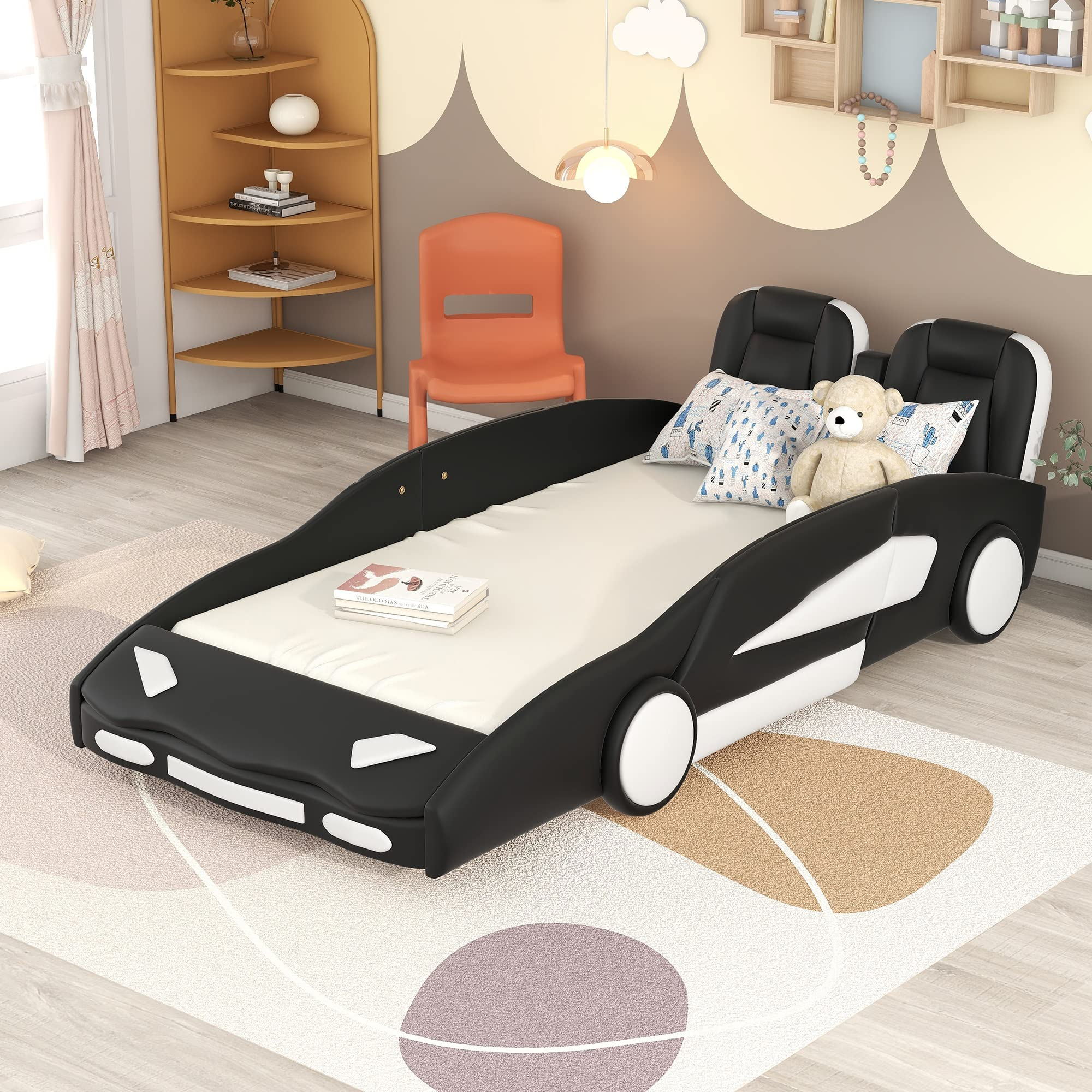 【Furniture】Twin Size Kids Platform Bed, Race Car-Shaped Bed with Wheels Design, Faux Leather Upholstered Bed Frame