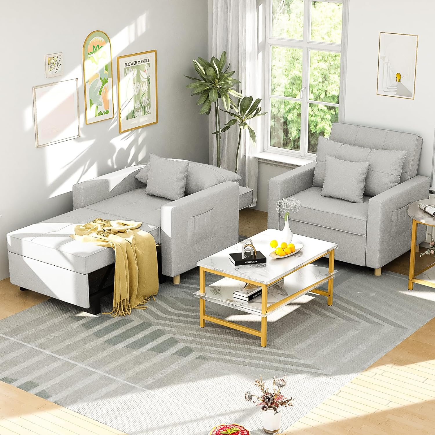 YODOLLA 3-in-1 Convertible Chair Bed, Sleeper Chair Bed, Pull Out Sleeper Chair Beds, Adjustable Single Armchair Sofa Bed with Side Pocket and Adjust Backrest Into a Sofa, Grey