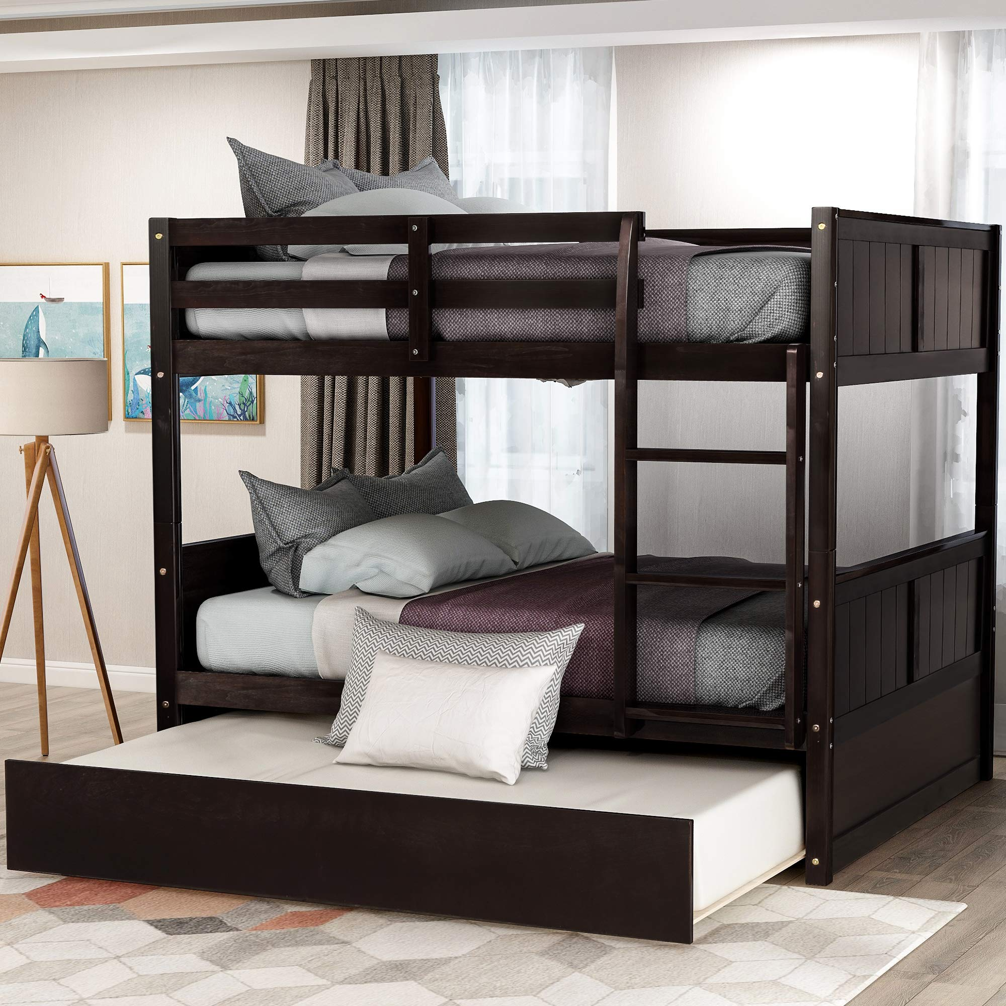 【Furniture】Full Over Full Bunk Bed for Kids Teens, Detachable Wood Full Bunk Bed Frame with Trundle