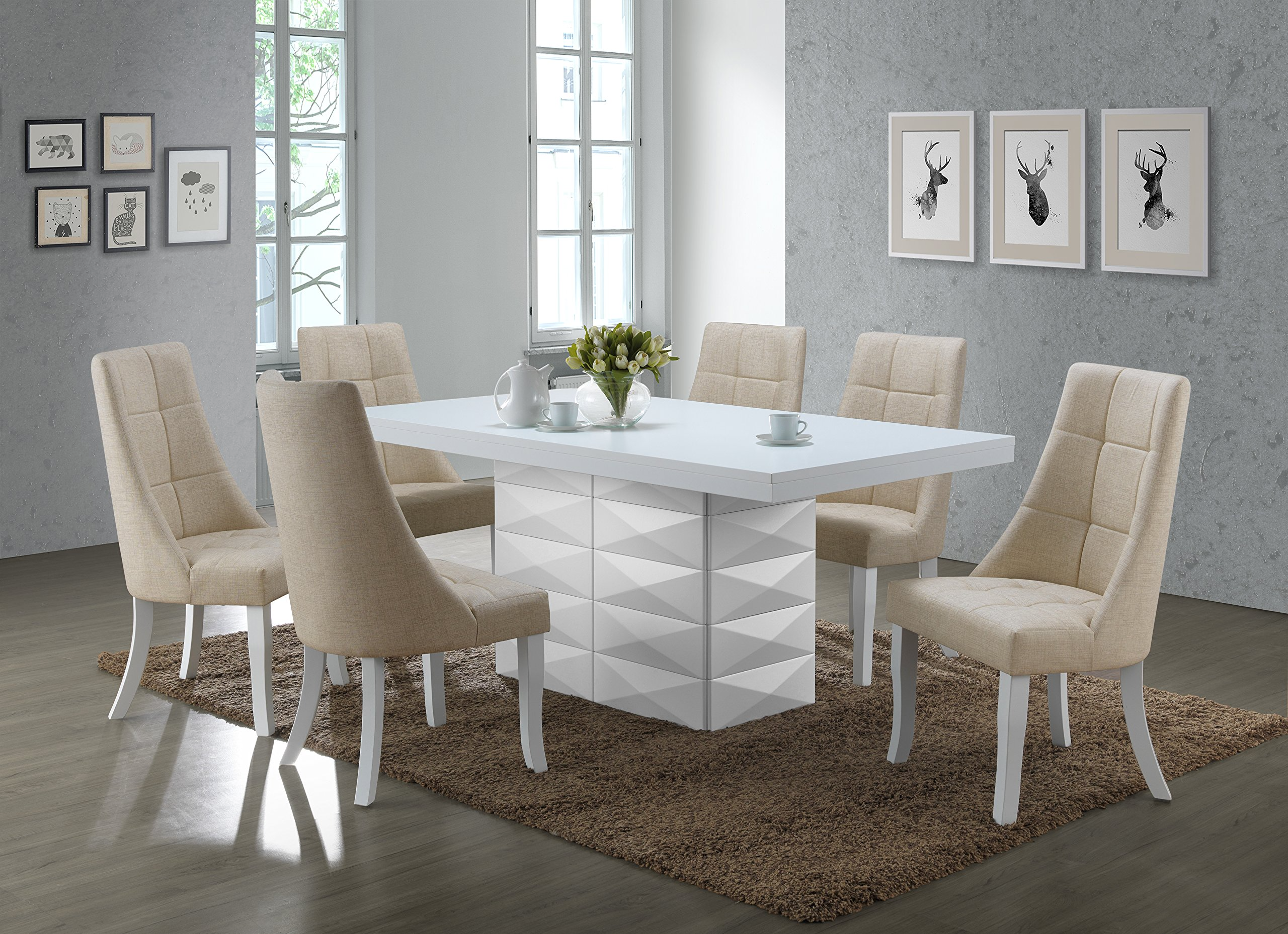【Furniture】Milan 7 Piece White Modern Rectangle Dinette Dining Room Table & 6 Beige Vinyl Chairs