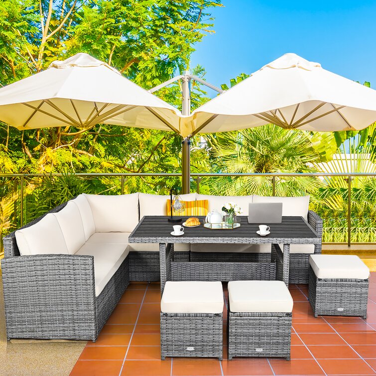 【Home&Garden】Stefanie Polyethylene (PE) Wicker 9 - Person Seating Group with Cushions