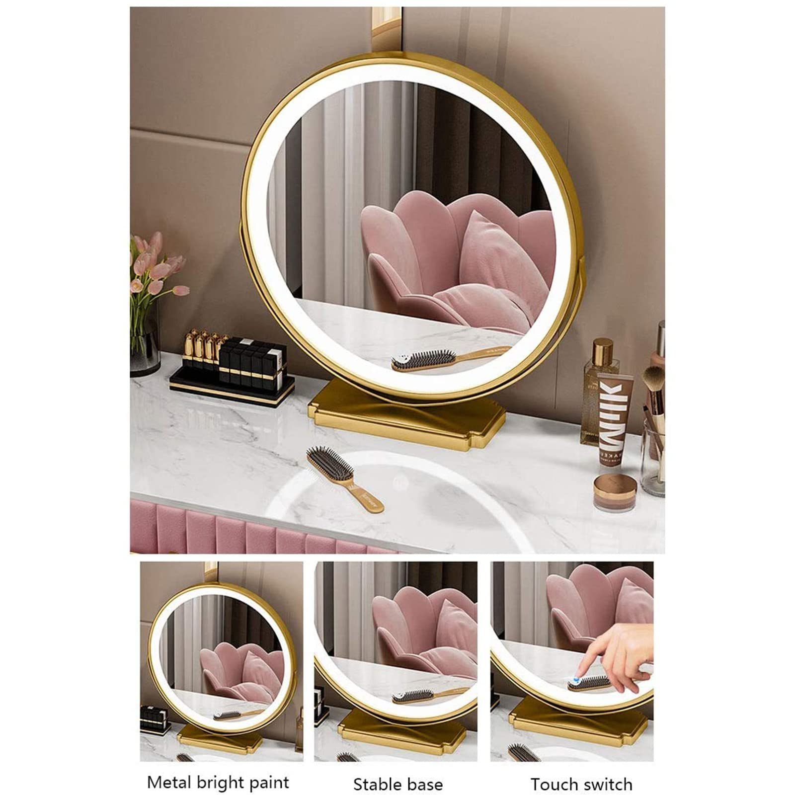 【Furniture】Marble Dresser Set with Illuminated LED Touch Screen Dimmable Round Mirror Makeup Cabinet