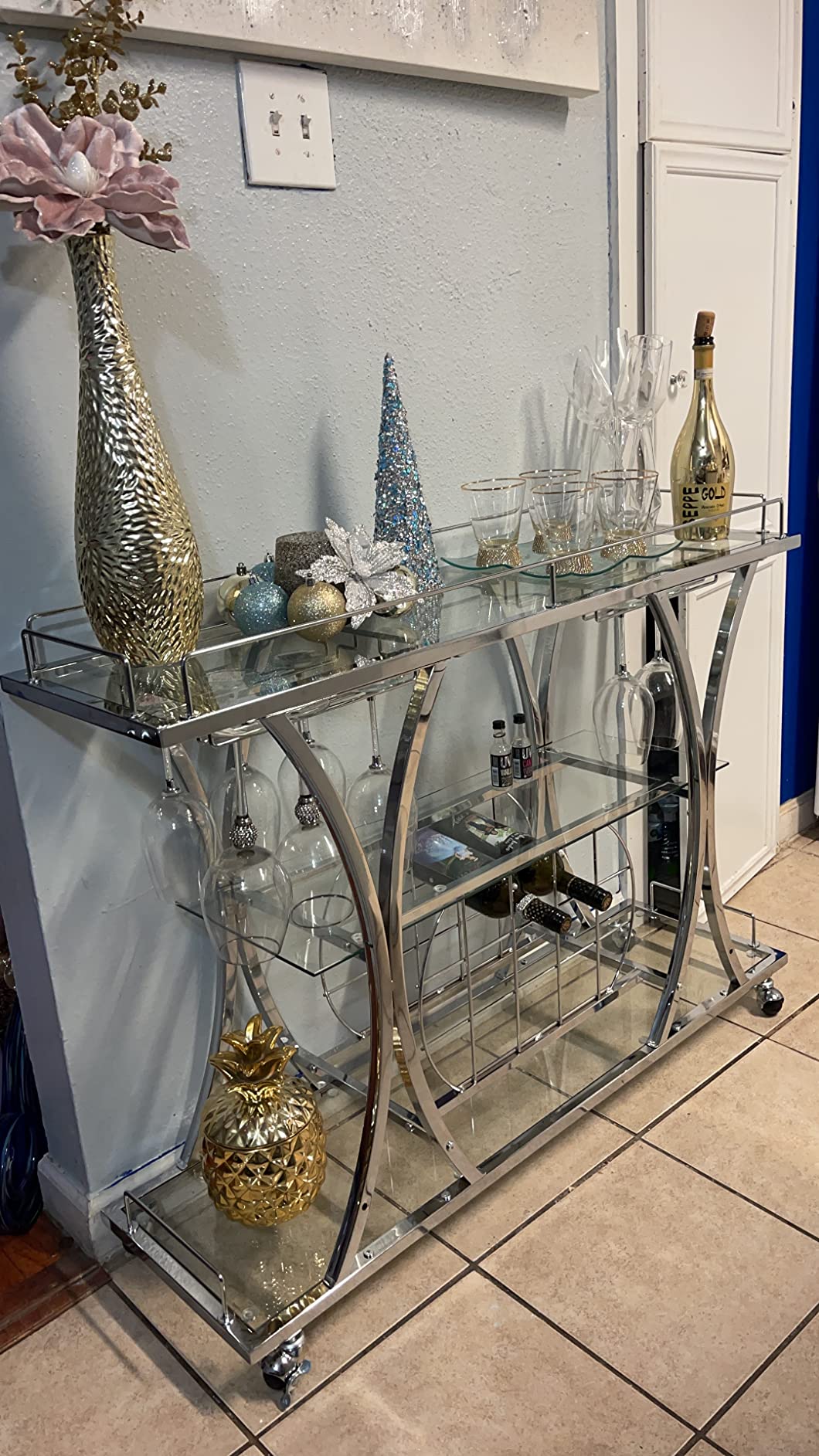 【Furniture】Bar Serving Cart with Glass Holder and Wine Rack, 3-Tier Kitchen Trolley, Mobile Wine Cart for Home