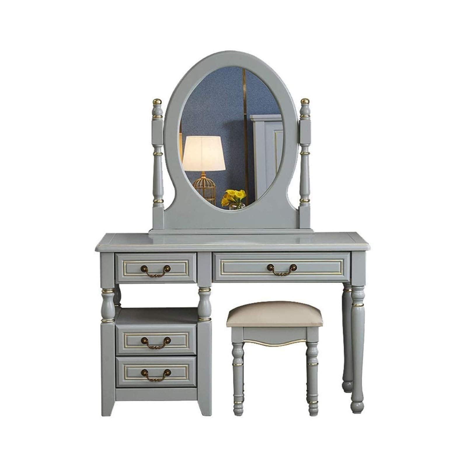 【Furniture】Dressing Table Bedroom Vanity Table Set, Makeup Table with Oval Mirror, Stool & 4 Drawers