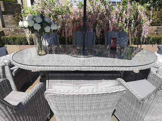 Malibu 8 Seat Oval Rattan Dining Set in Light Grey
