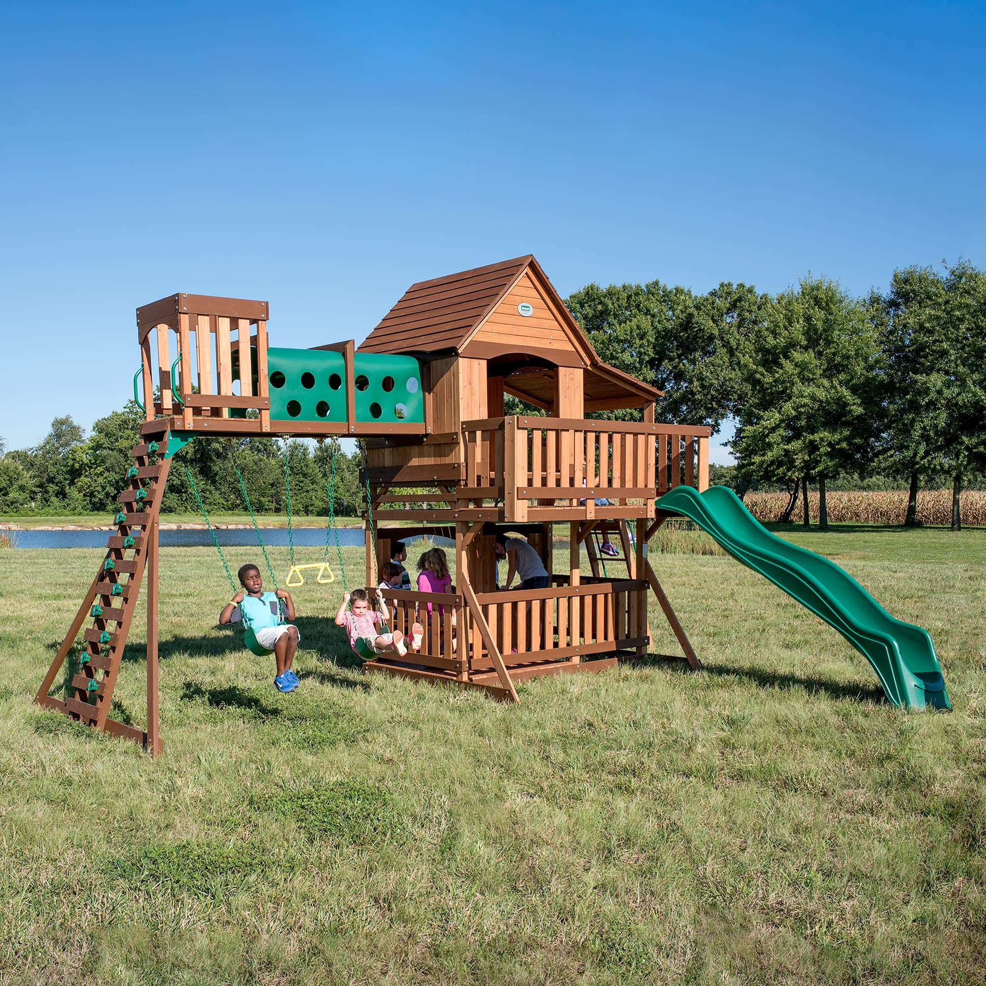 Woodridge Elite All Cedar Wood Swing Set, Upper and Lower Deck, Sandbox, Vented Tunnel