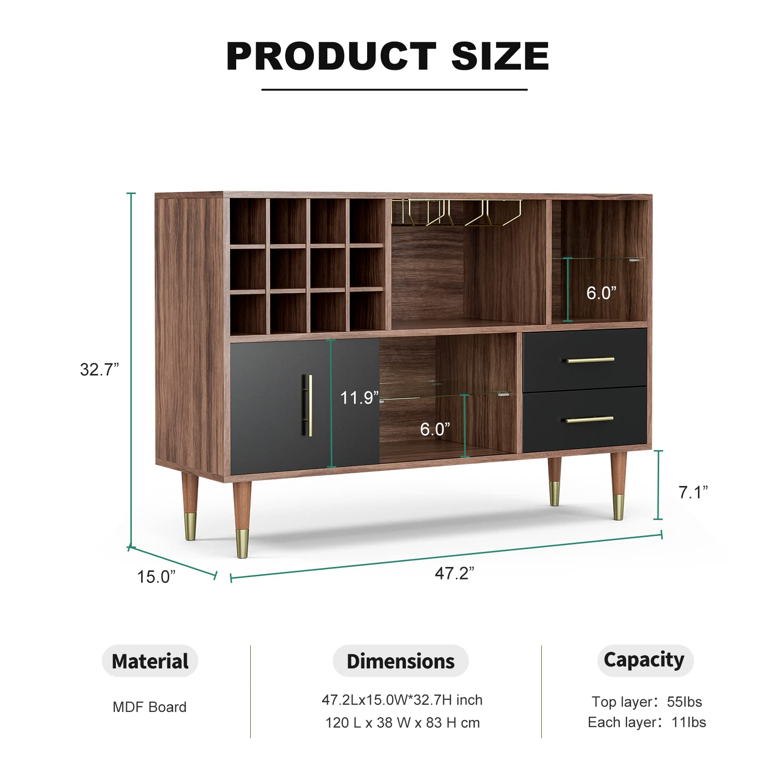 【Furniture】Accent Kitchen Buffet Sideboard with Storage, Wood Cabinet Server Cupboard with 12 Wine Bottle Rack