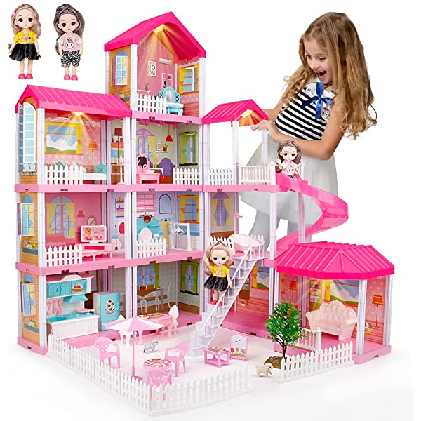 Doll House Kit,Dollhouse with Lights, Slide, Pets and Dolls, DIY Pretend Play Building Playset Toys with Asseccories and Furniture, Princess House for Toddlers, Kids Boy & Girl (11 Rooms)