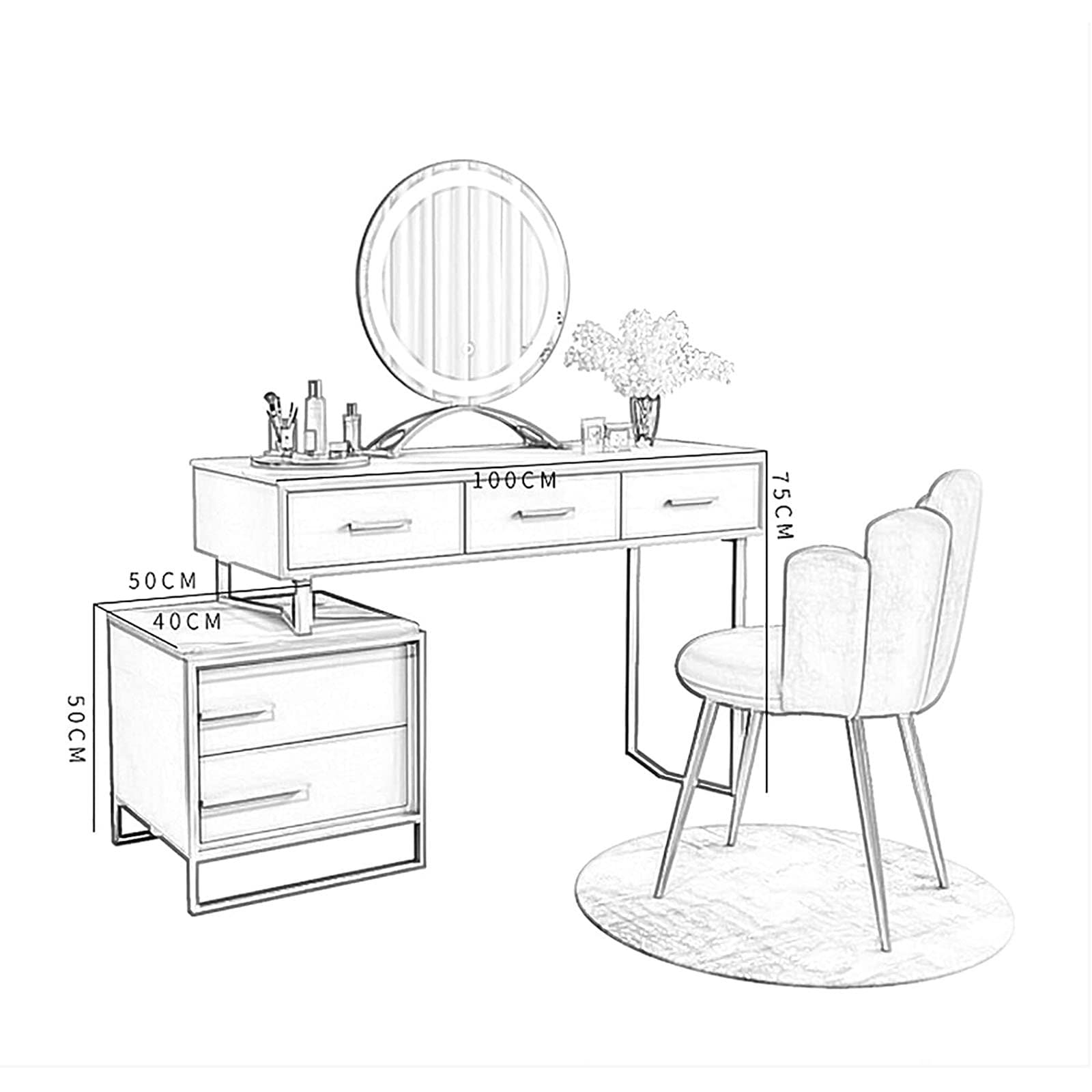 【Furniture】Italian Dressing Table with LED Mirror, Makeup Table with Marble Textured, Lockers & Makeup Chairs