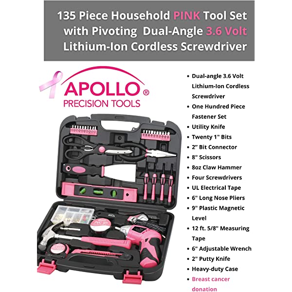 135 Piece Household Tool Kit Pink with Pivoting Dual-Angle 3.6 V Lithium-Ion Cordless Screwdriver - DT0773N1 135-Piece Tool Set Pink