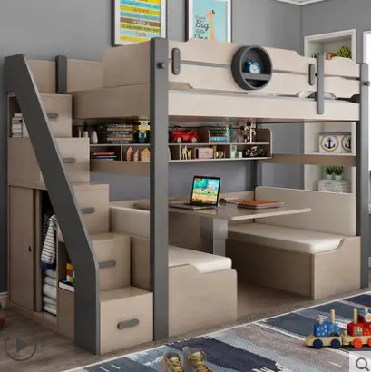 【Furniture】Upper and lower desk and bed all-in-one bunk bed combination