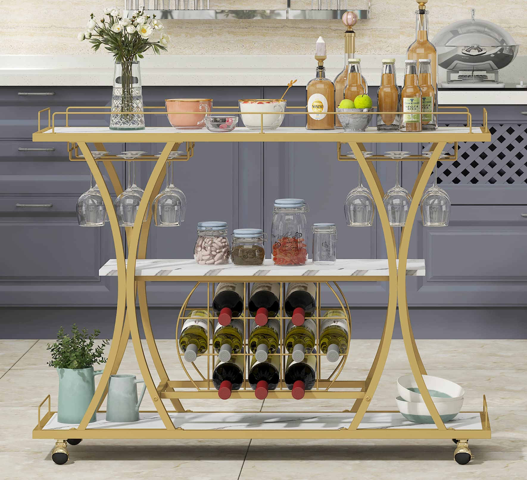 【Furniture】Bar Serving Cart with Glass Holder and Wine Rack, 3-Tier Kitchen Trolley, Mobile Wine Cart for Home