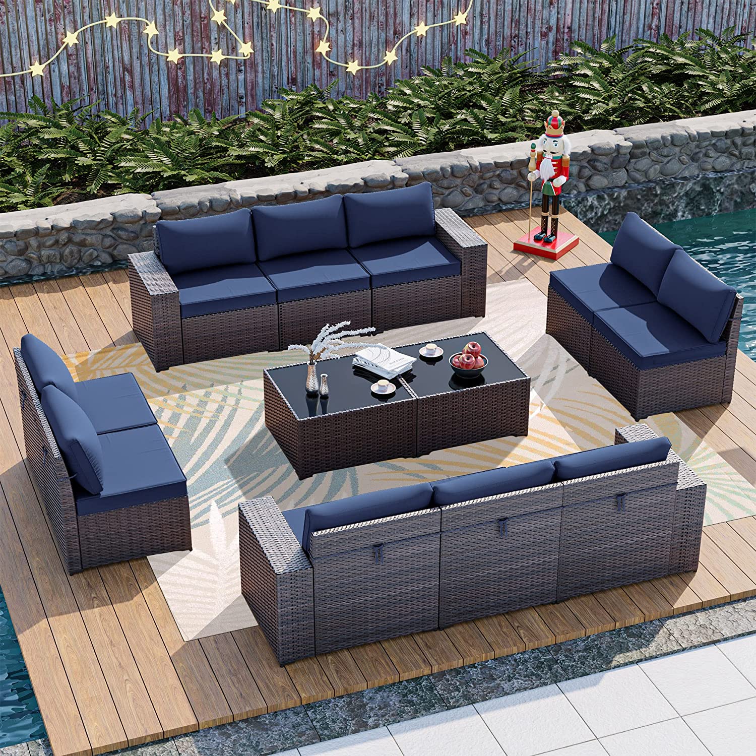 【Furniture】12 Pcs Outdoor Patio Furniture Set Sectional Sofa Sets Brown PE Rattan Patio Conversation Set