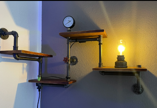 Industrial Rustic Modern Wood Ladder Pipe Wall Shelf 4 Layer Pipe Design Bookshelf DIY Shelving