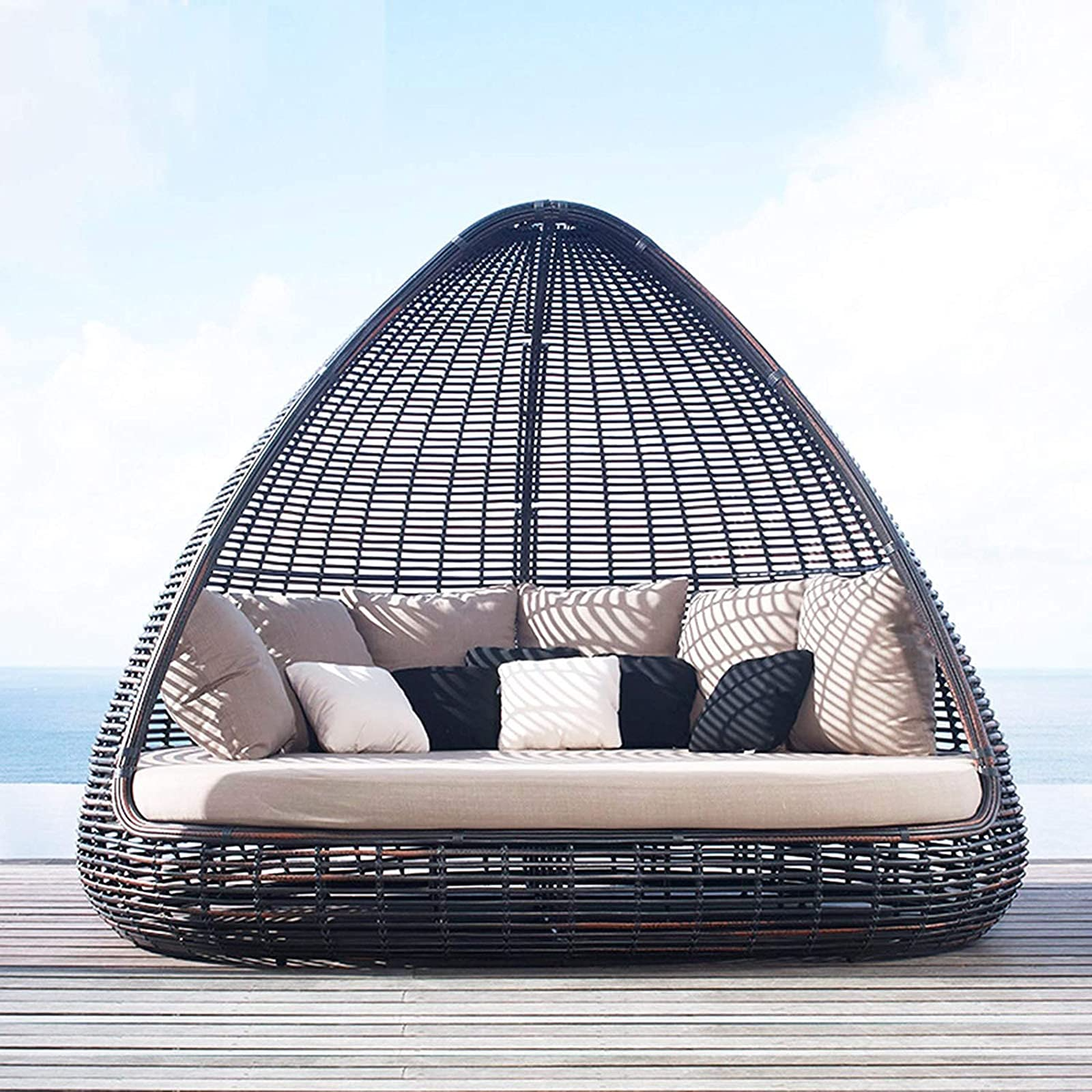 【Furniture】Rattan Wicker Sofa Bed, Creative Bird's Nest Patio Daybed Furniture, Outdoor Rattan Sun Loungers