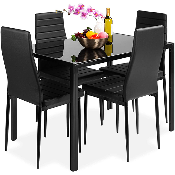 Best Choice Products 5-Piece Kitchen Dining Table Set for Dining Room, Kitchen, Dinette, Compact Space w/Glass Tabletop, 4 Faux Leather Metal Frame Chairs – Black