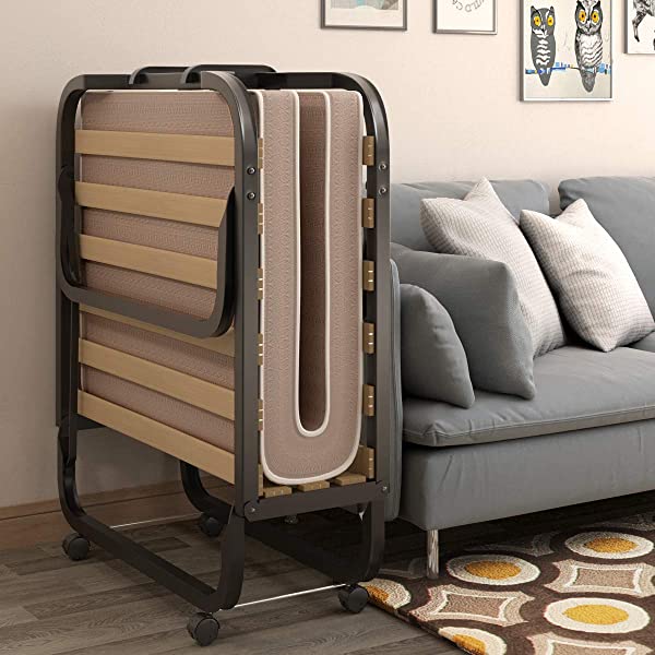 Giantex Rollaway Folding Bed with 4 Inch Mattress, Portable Foldable Guest Bed for Adults, Sturdy Metal Frame, Memory Foam Mattress, Folding Bed Cot Size (Beige & Black) Wood