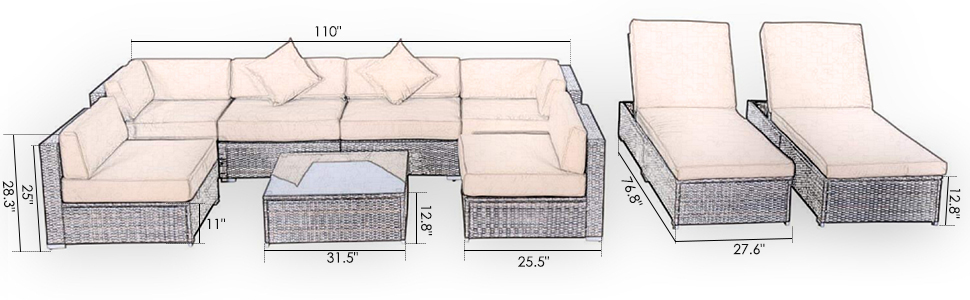 【Furniture】9 PCS Patio Outdoor Furniture Sets, Sectional Manual Weaving Wicker Conversation Sofa Set