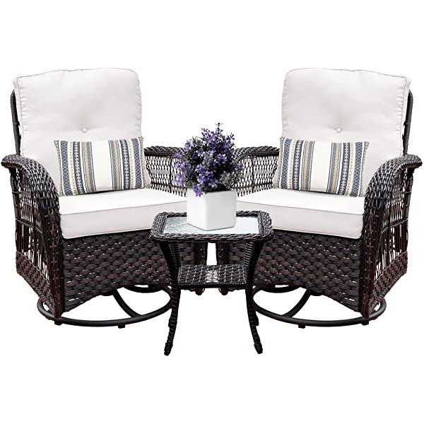 Harlie & Stone Outdoor Swivel Rocker Patio Chairs Set of 2 and Matching Side Table - 3 Piece Wicker Patio Bistro Set with Premium Fabric Cushions