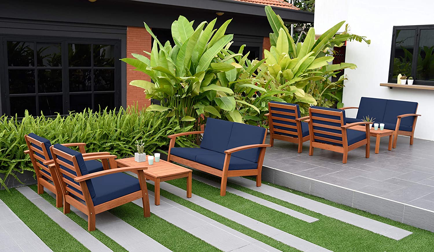 【Furniture】Patio 8-Pc Deluxe Conversation Set | Dark Teak Finish | Ideal for Indoors Outdoors
