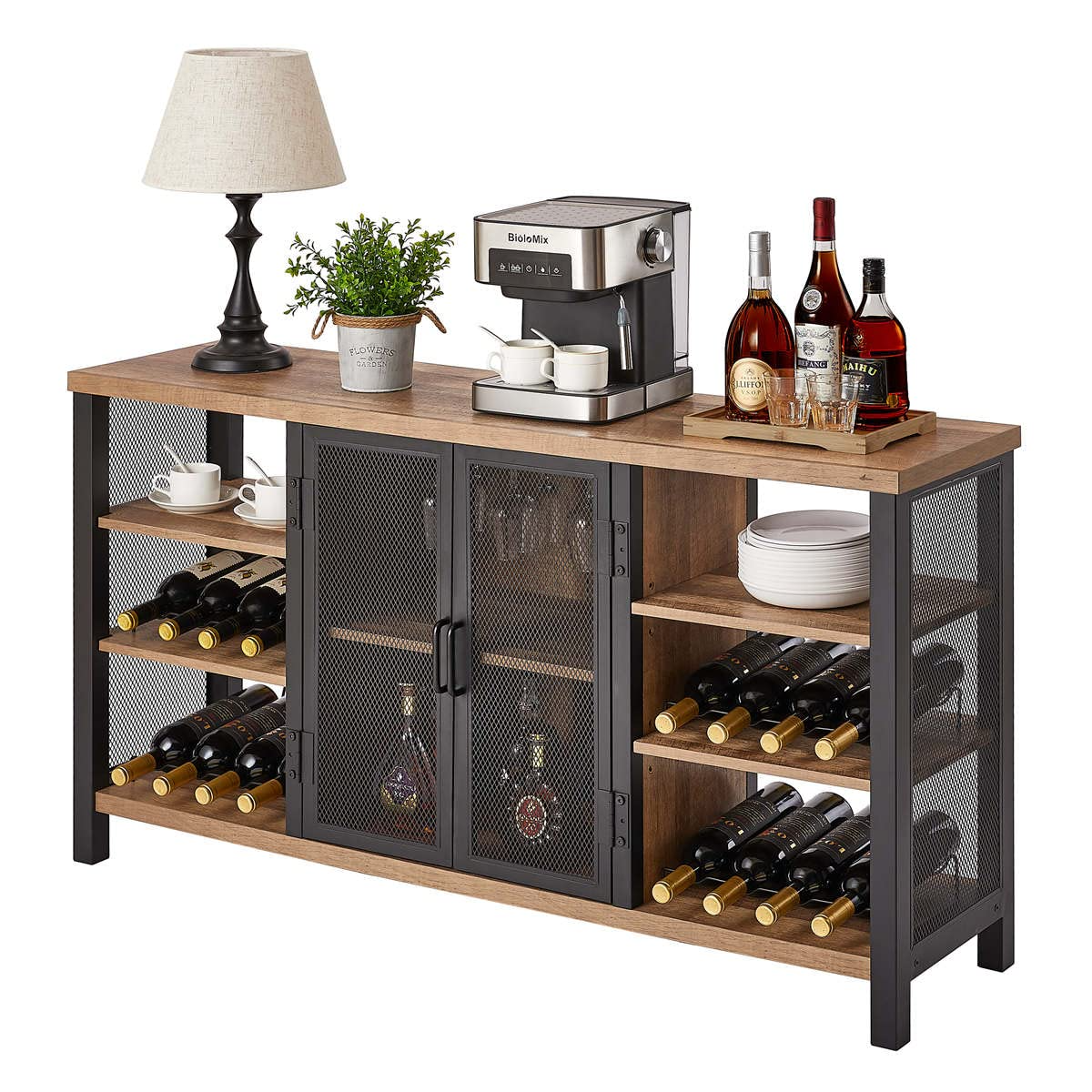 【Furniture】Industrial Wine Bar Cabinet for Liquor & Glasses, Farmhouse Wood Coffee Bar Cabinet with Wine Rack