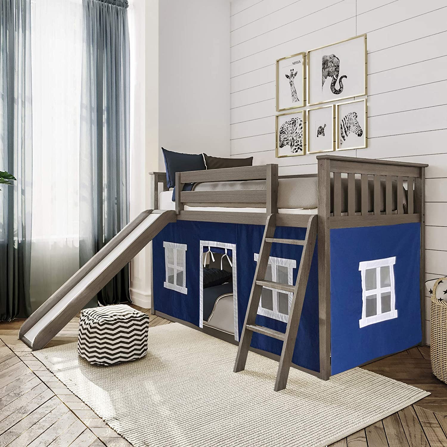 【Furniture】【BS】Low Bunk Bed, Twin-Over-Twin Bed Frame for Kids with Curtains for Bottom, Clay/Blue