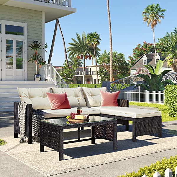 AWQM 5 Pieces Patio Furniture Sets All Weather Outdoor Sectional Sofa Manual Weaving Wicker Rattan Patio Conversation Set with Cushion and Glass Table, Brown 5 Piece Patio Furniture Sets