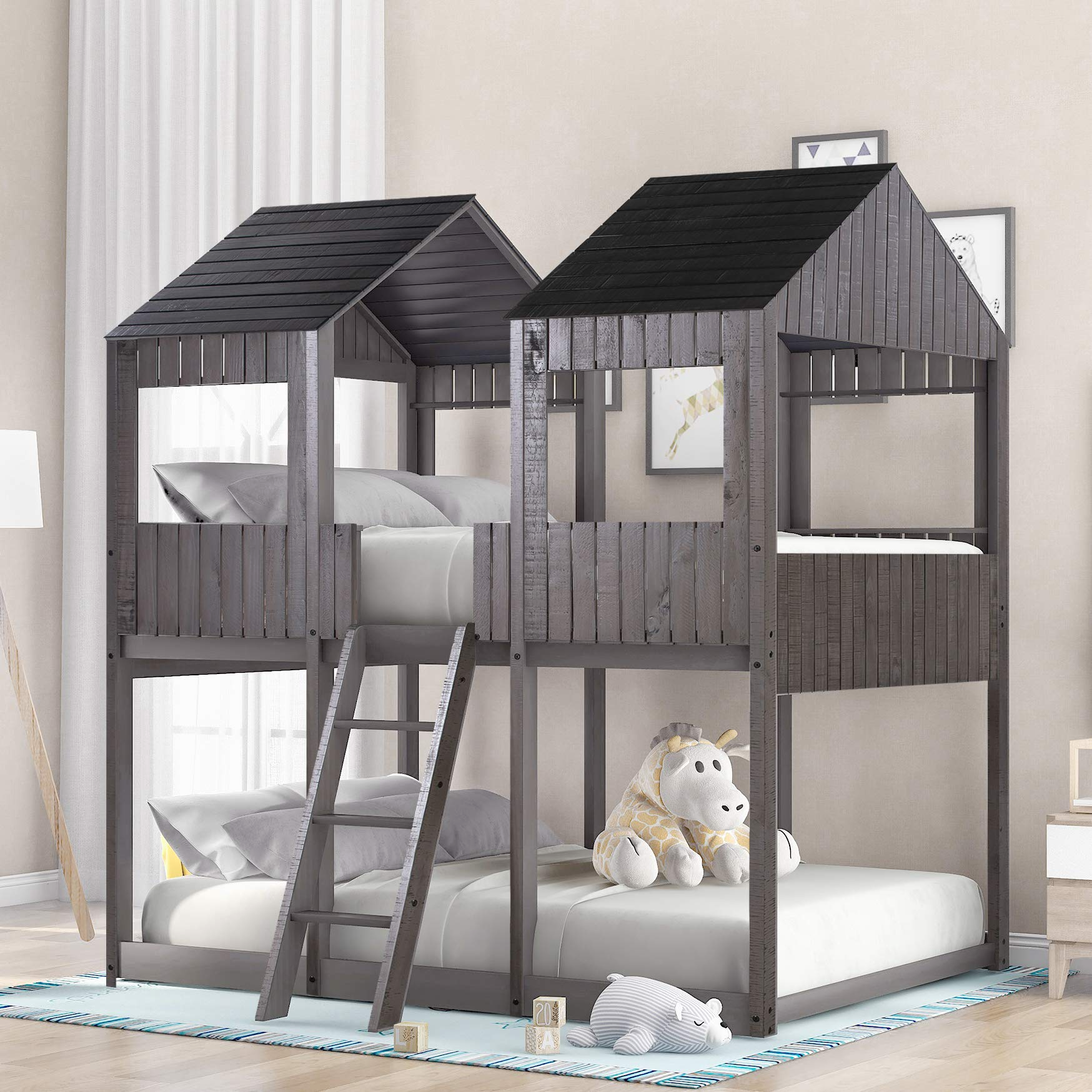 【Furniture】Low Bunk Beds Full Over Full Size, Wood Bunk Beds with Roof & Guard Rail for Kids