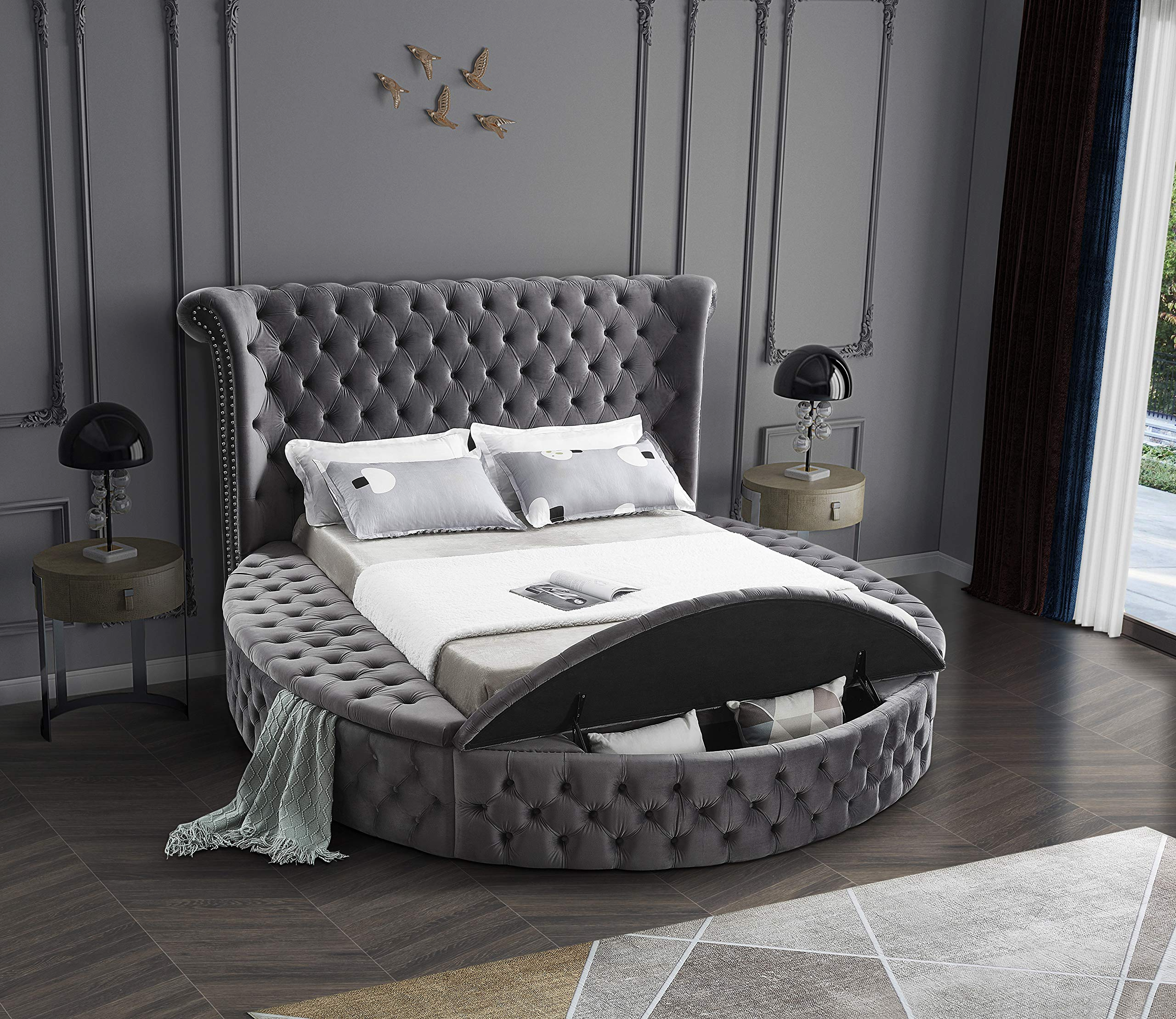 【Furniture】Contemporary Round Shaped Velvet Upholstered Bed with Deep Button Tufting & Footboard Storage, King
