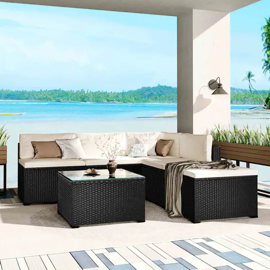 【Furniture】6 Piece PE Weave Rattan Outdoor Furniture Set Patio Garden Sectional Sofa