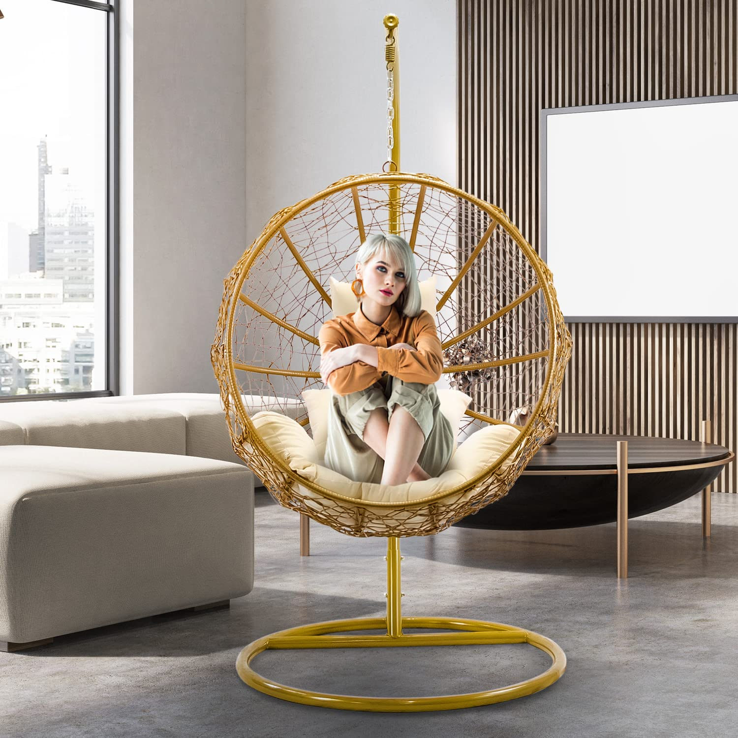 【Home&Garden】Porch Swing Chair with Stand, Cushion & Pillow, Goldden Egg Rattan Wicker Swing Hanging Chair