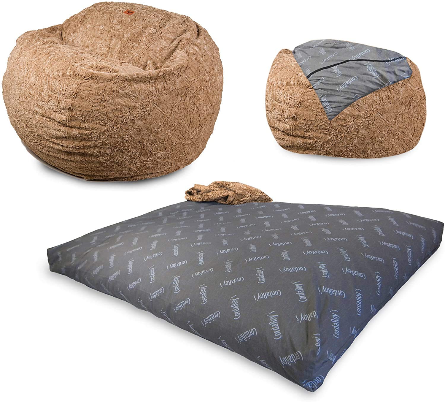 【Furniture】Faux Fur Bean Bag Chair, Convertible Chair Folds from Bean Bag to Bed, As Seen on Shark Tank