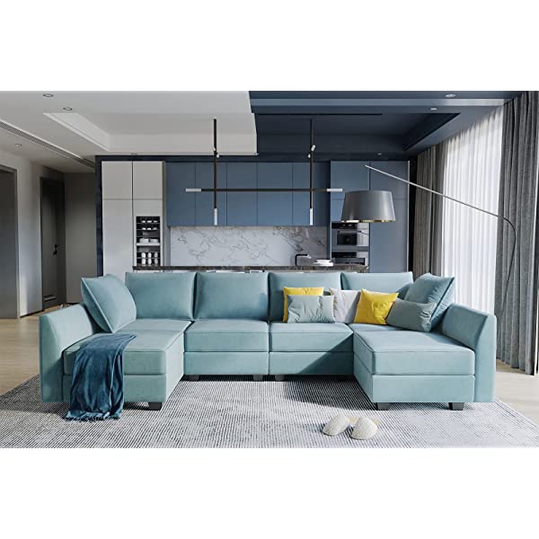 HONBAY Convertible Sectional Sofa U Shaped Couch with Reversible Chaise Modular Oversized Couch Sectional Sofa with Ottomans, Aqua Blue U Shape Sofa-1 Blue