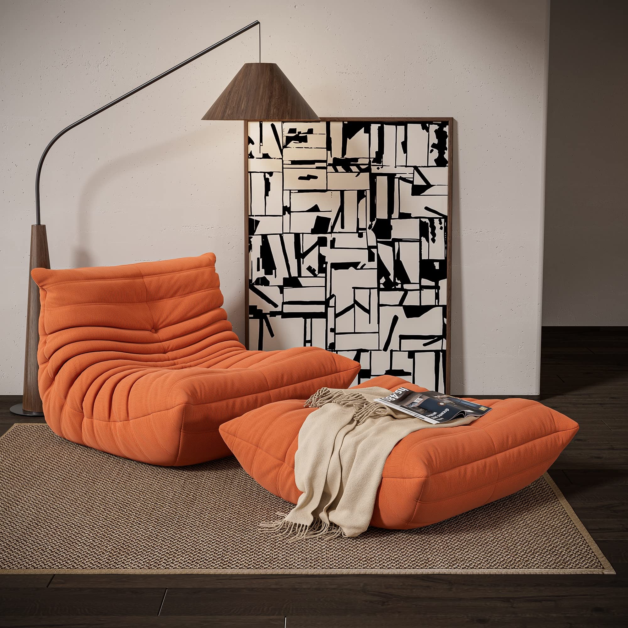 【Furniture】Chair with Ottoman, Soft Suede Oversized Chair with Ottoman Lazy Floor Sofa
