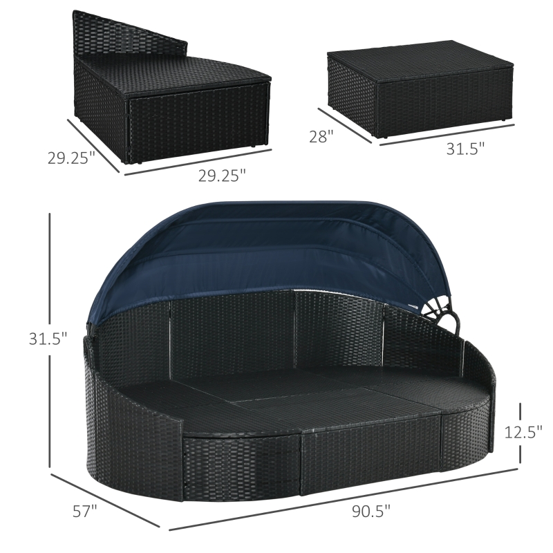 【Furniture】4 PC Patio Wicker Lounge Set, Outdoor Rattan Modular Garden Round Daybed Set