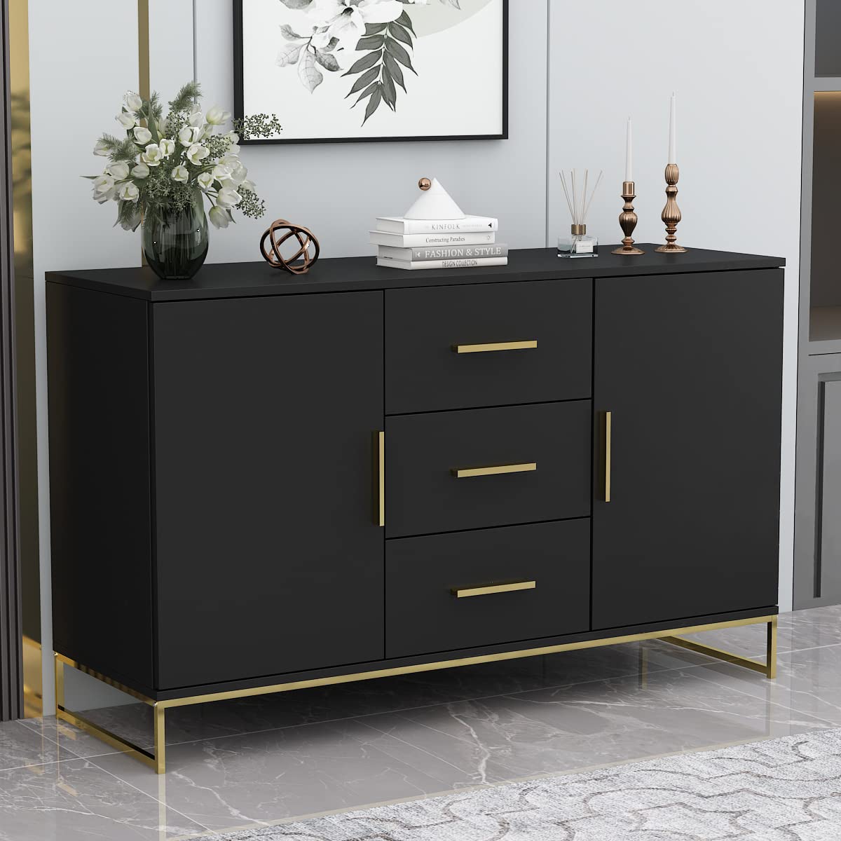 【Furniture】Buffet Sideboard with 3 Drawers & 2 Doors Storage, Buffet Cabinet Sideboard Credenza Coffee Bar Cabinet