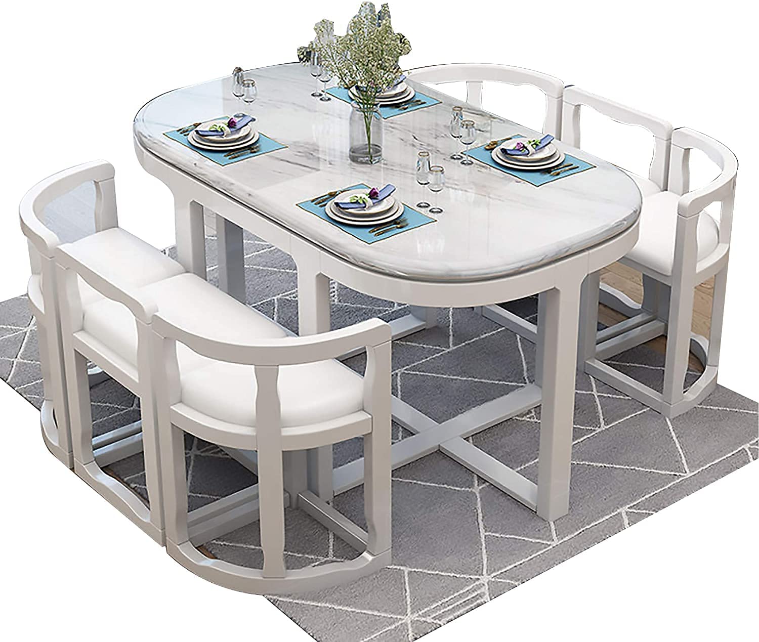 【Furniture】Dining Table Set Dining Table, Modern Minimalist Marble Dining Table and Chair Set 7 Piece Kitchen Set Furniture Table + 6 Chairs