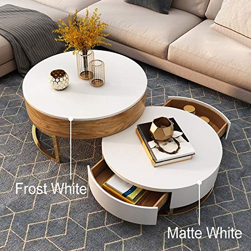 【Furniture】Round Coffee Table White with Storage Lift-Top Wood Coffee Table Lifts up with Rotatable Drawers
