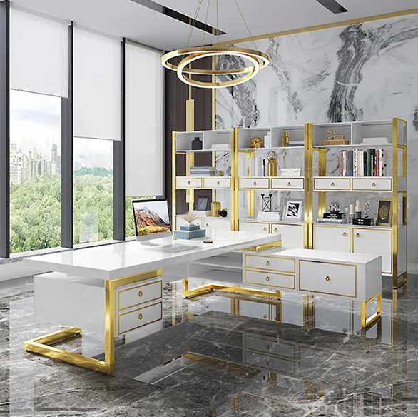 L-Shaped Modern Office Executive Desk of Right Hand with Storage in White & Gold