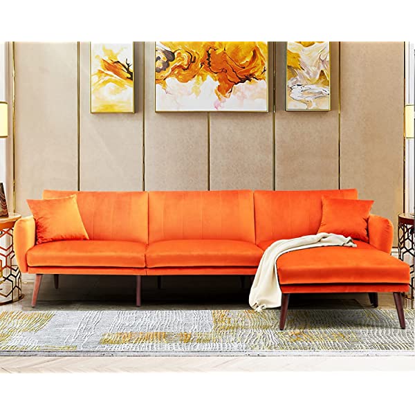 JOMEED Convertible Sectional Sofa Bed with Adjustable Backrest Modern Velvet Fabric L-Shaped Couch with Extra 2 Pillows Wide Chaise Lounge for Living Room (Orange)