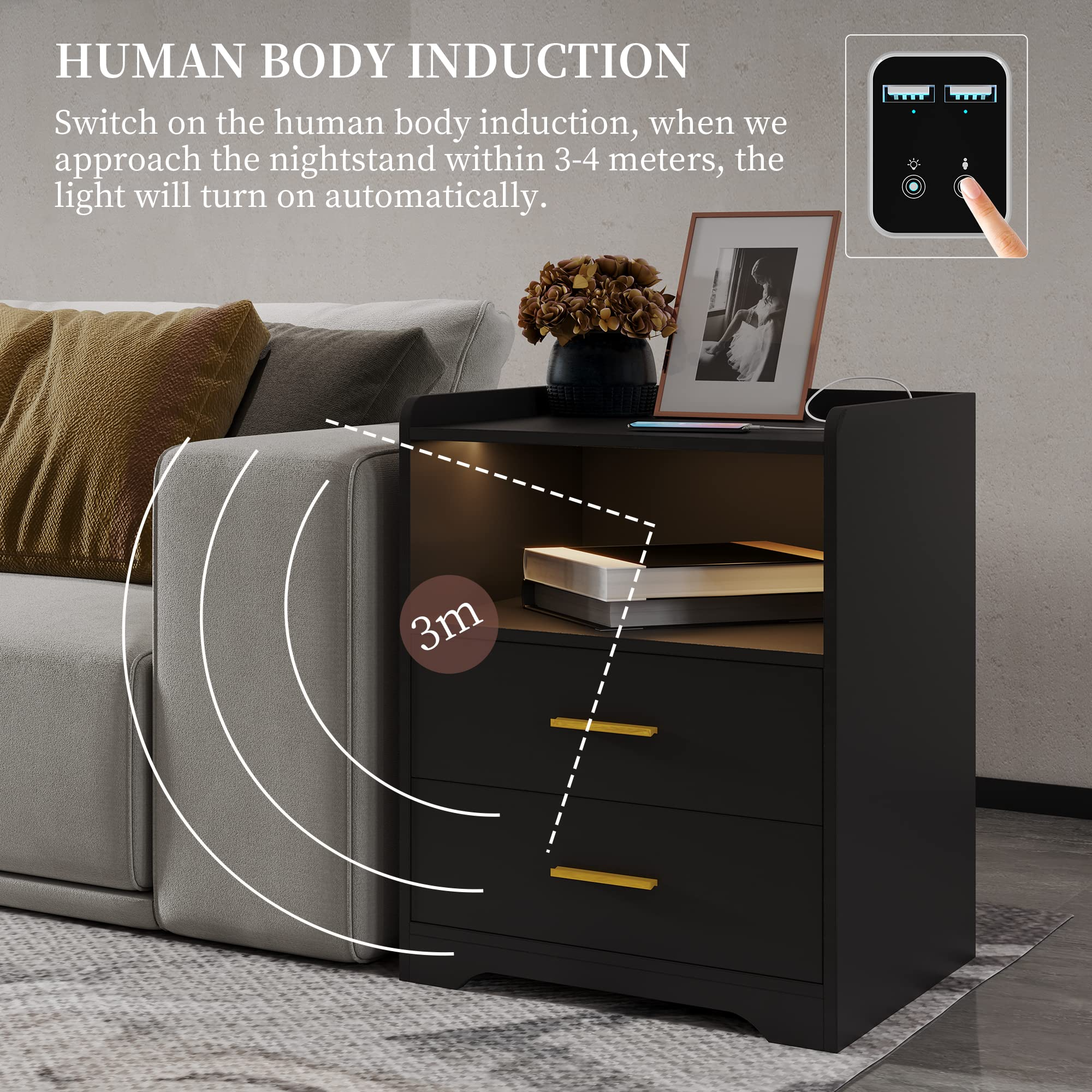 【Furniture】Black Nightstand with Charging Station, Night Stands with 2 Drawers, Smart Nightstand Bedside Table Led