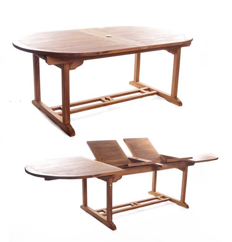 Double extendable table 1.8m to 2.4m, 8 x teak stacking chairs, free 3m parasol and cushions