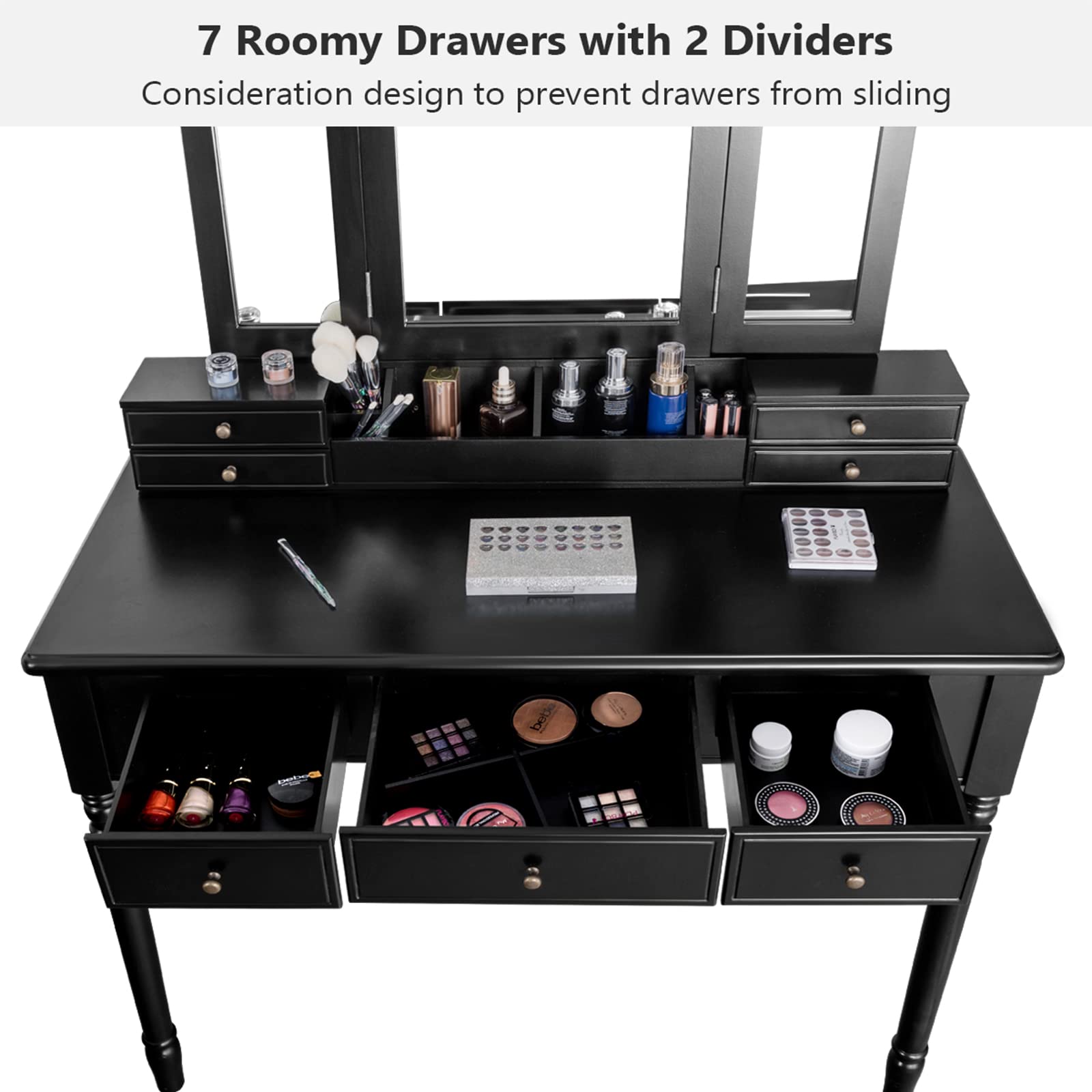 【Furniture】Vanity Desk Set, Dressing Table with Trifold Mirror, 8 Necklace Hooks, 7 Drawers
